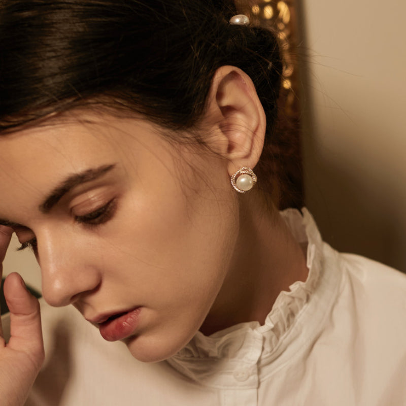 Freshwater Cultured Pearl and Diamond Stud Earrings in 14K Gold Over Sterling Silver Pin(8-9mm)