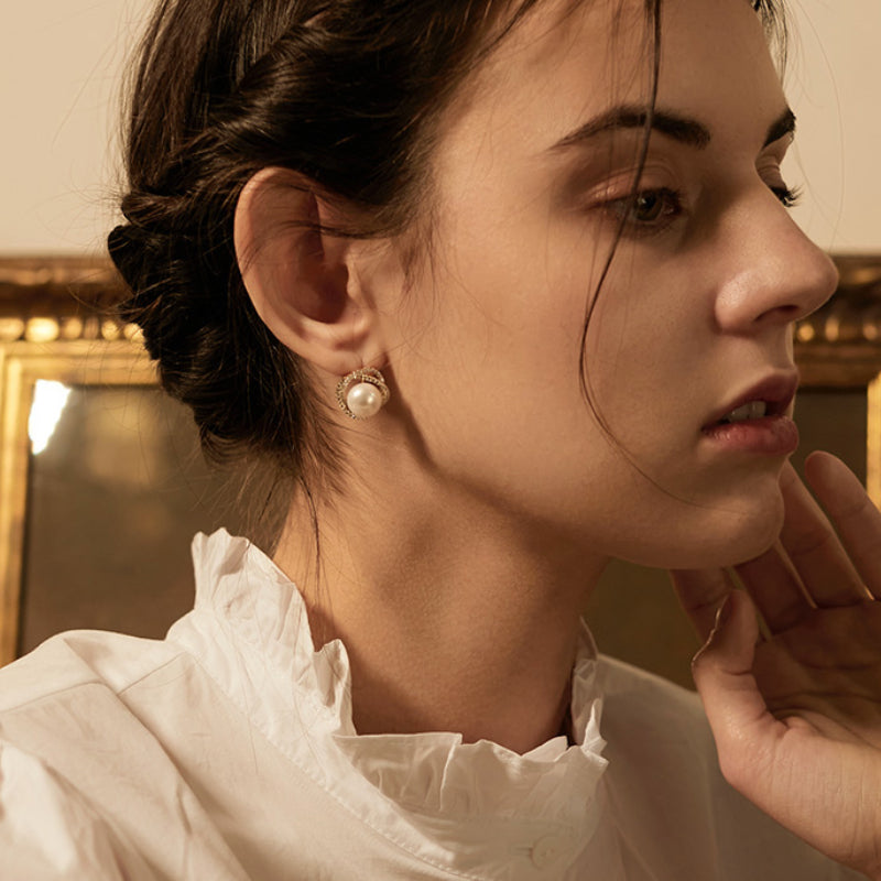 Freshwater Cultured Pearl and Diamond Stud Earrings in 14K Gold Over Sterling Silver Pin(8-9mm)