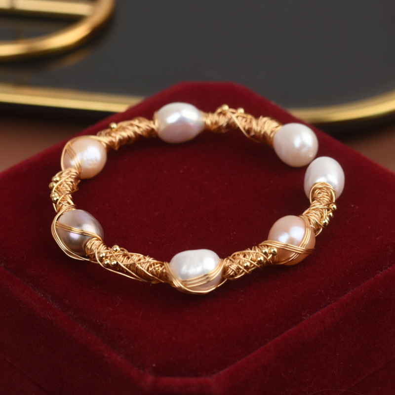 Cultured Freshwater Pearl Bangle Bracelet in 14k Gold Over Sterling Silver 7