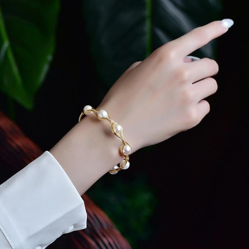 Cultured Freshwater Pearl Bangle Bracelet in 14k Gold Over Sterling Silver 7
