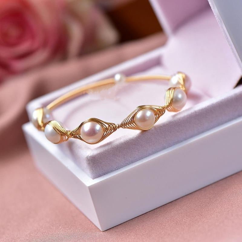 Cultured Freshwater Pearl Bangle Bracelet in 14k Gold Over Sterling Silver 7