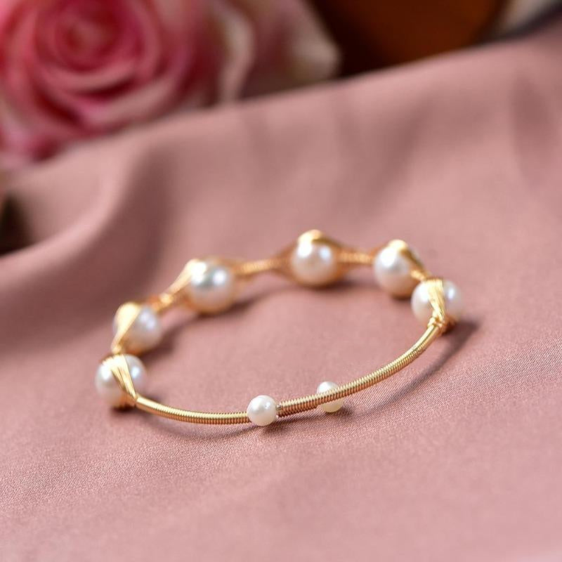 Cultured Freshwater Pearl Bangle Bracelet in 14k Gold Over Sterling Silver 7
