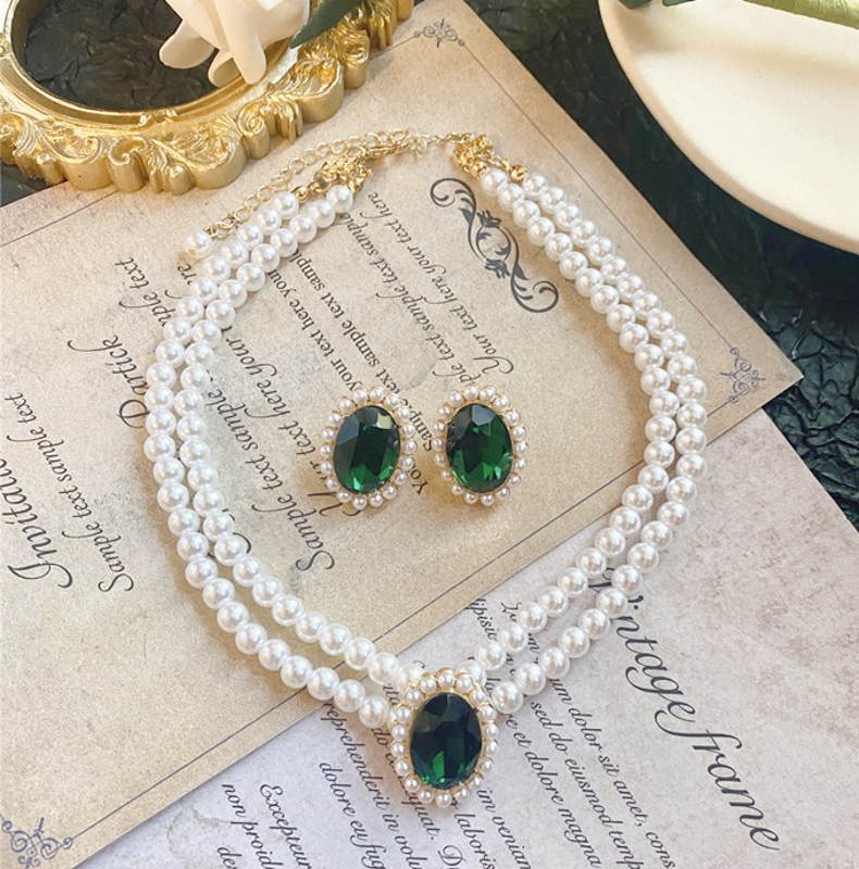 Pearl Necklace and Earring Set | Multi Strand Pearl Necklace Emerald Stud Earrings in a Jewelry Set