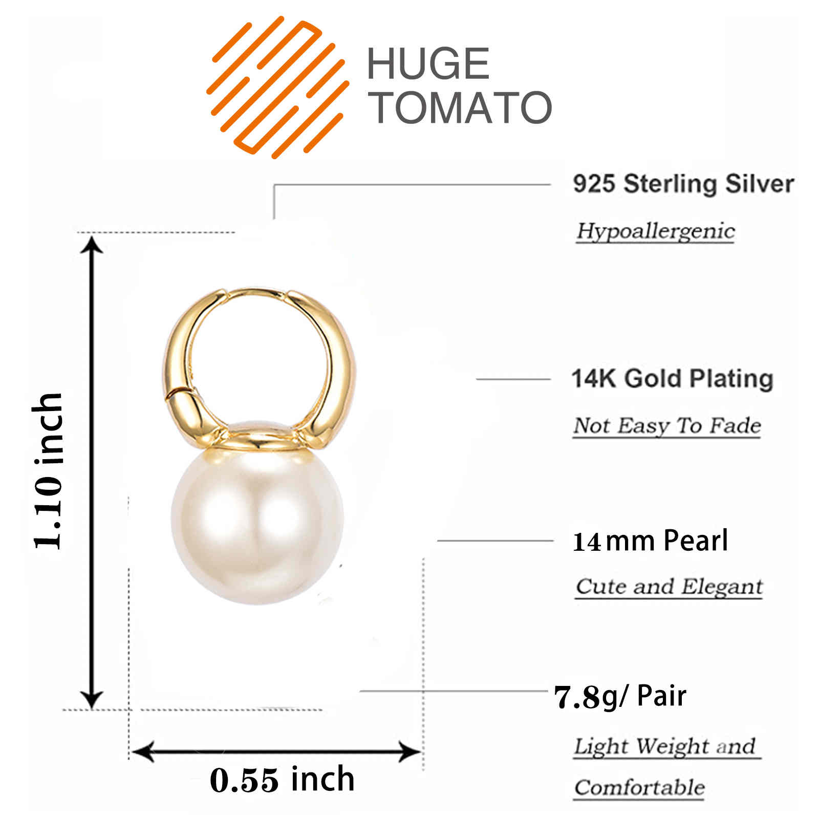New Elegant Pearl Earrings 14mm Big Pearl Drop Earrings for Women in 14K Gold Plated Clasp (White, Champagne and Grey Available)