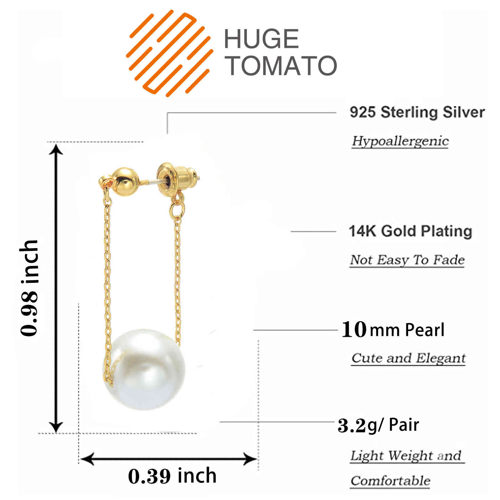 Pearl Dangle Earrings | Faux Pearl Earrings | Dangle Pearl Earrings with Silver Pins (10mm)