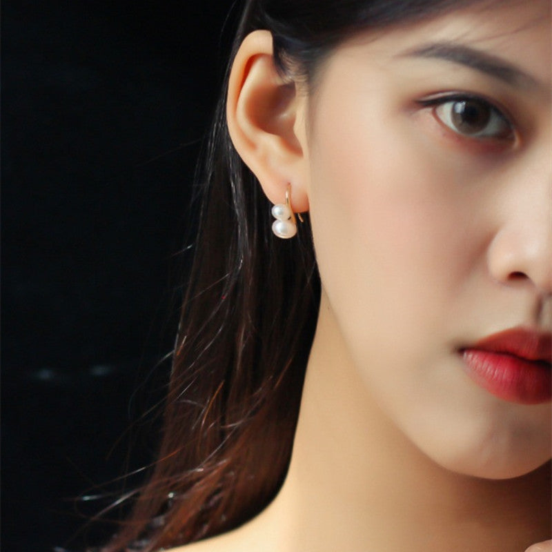 Pendientes de doble perla | Pendientes chapados en oro de 18 quilates | Pendientes de Perlas con Gancho de Plata S925