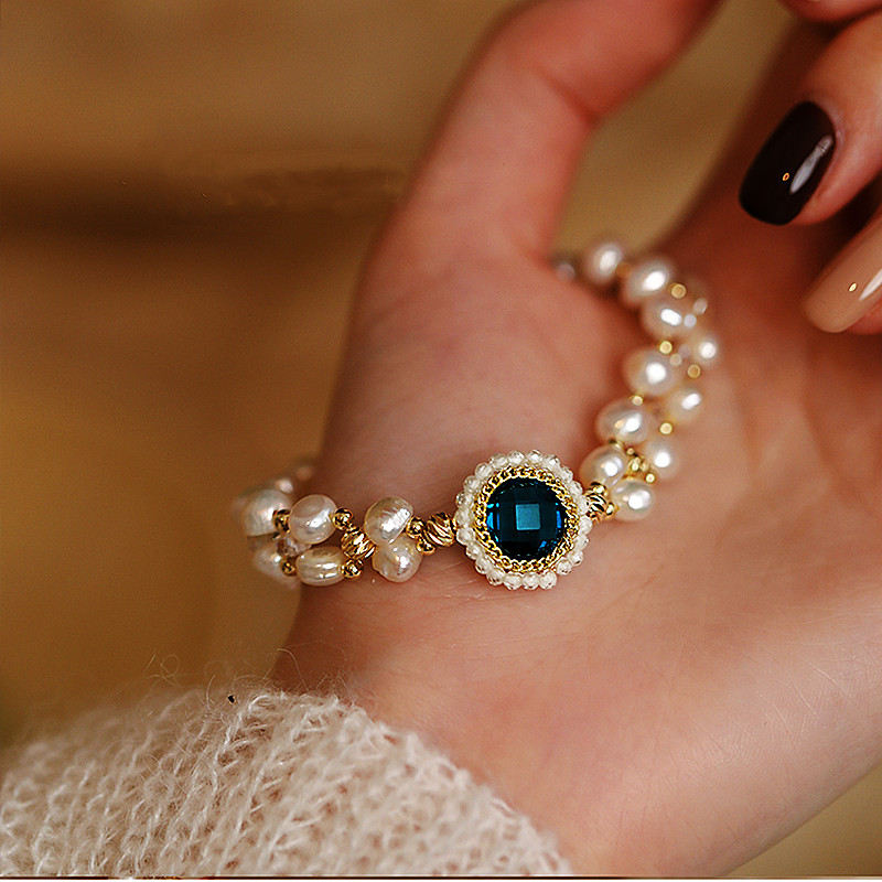Pulsera de perlas cultivadas de agua dulce de 2 hebras | Pulsera de perlas de varias hebras con cristal azul de 6,5 a 8,2 pulgadas