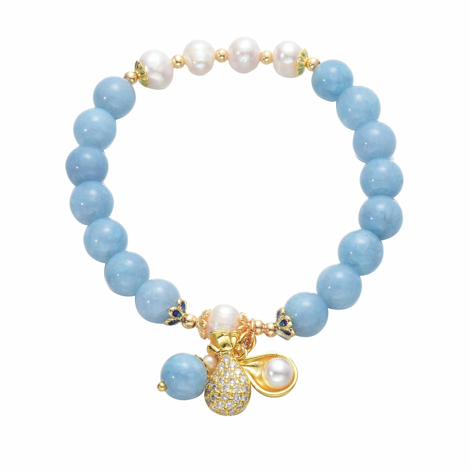 Mother's Day Gift Choice Aquamarine Jade Freshwater Cultured Pearl Bracelet with Sterling Silver Clasp