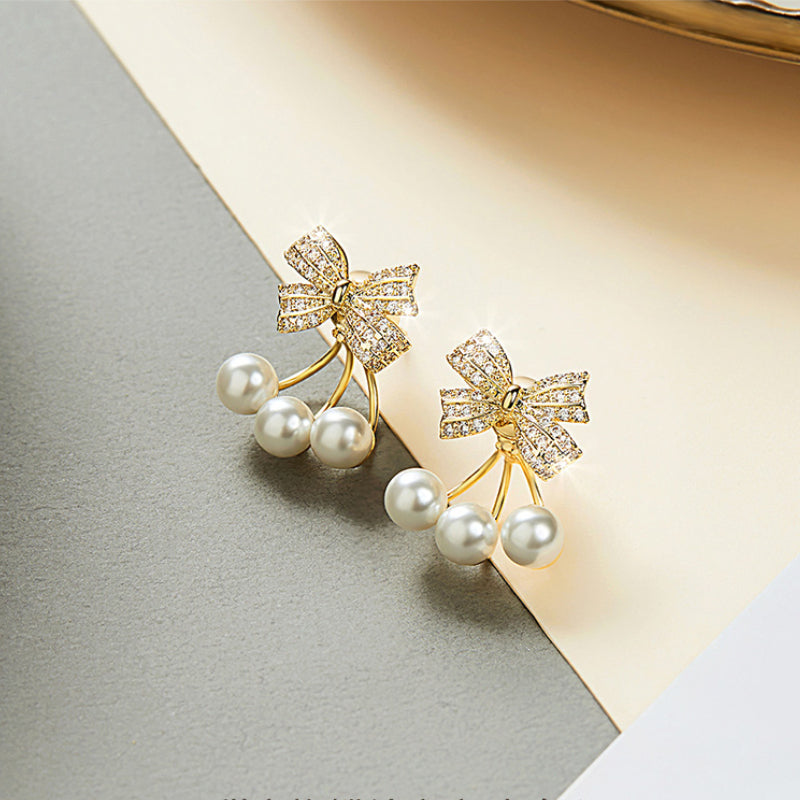 Elegant Bowknot Earring Jacket For Girls Three Pearl Drop Earrings with 14K Gold Over Sterling Silver Pin