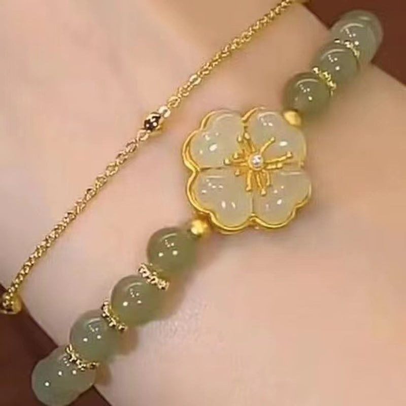 8MM Green Jade Bracelet | Double Strand Bracelets | 6.88” Camellia Clasp Bracelets