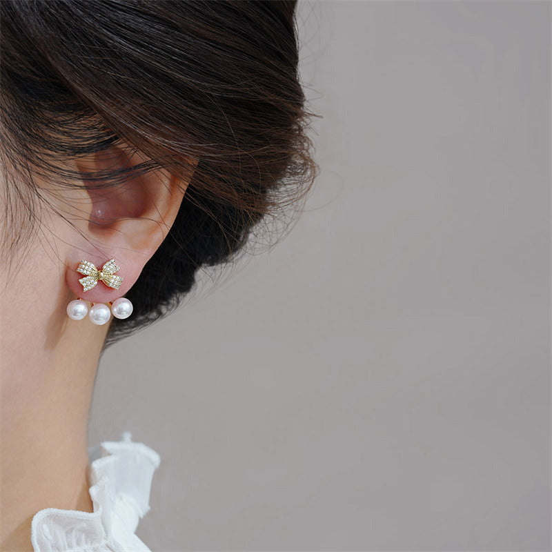 Cherry Pearl Earring Jackets | Pearl Drop Earrings | Bowknot Gold Stud Earrings with S925 pins