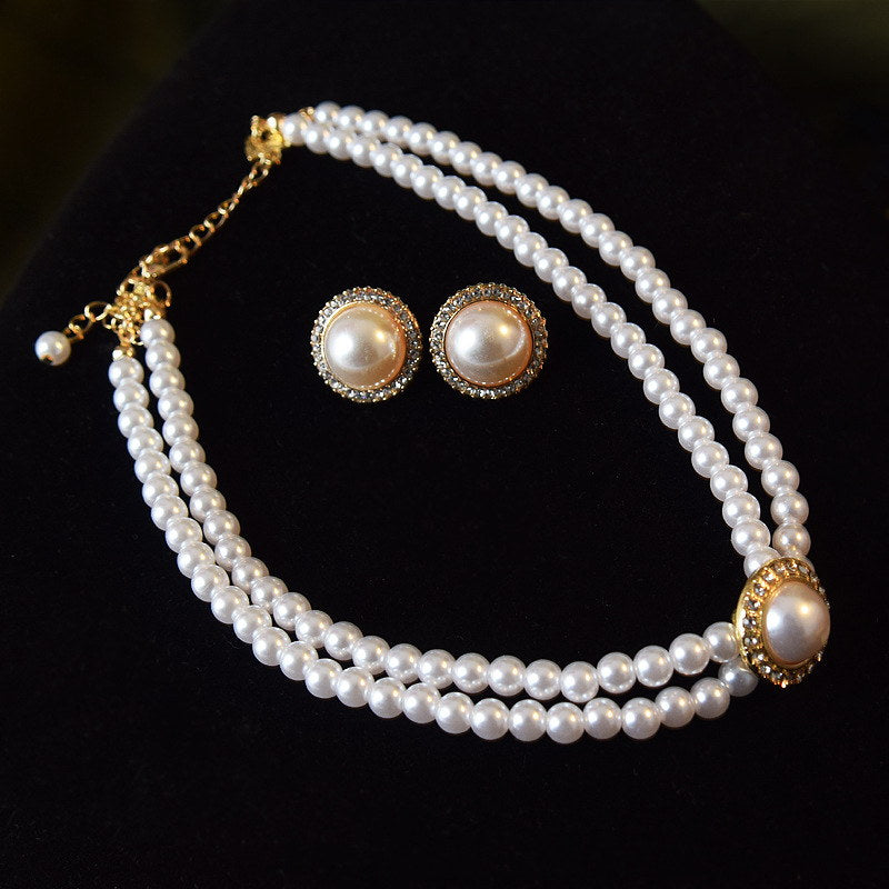 Vintage Pearl Wedding Jewelry Sets | Multi Strand Pearl Necklace | Large Pearl Stud Earrings for Women
