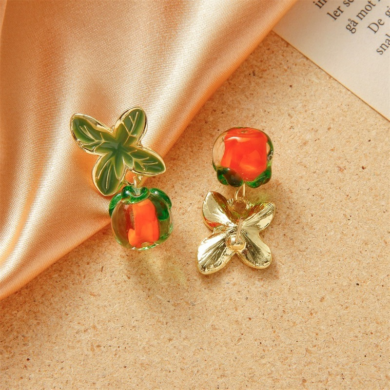 Pendientes de caqui creativos Pendientes colgantes de cristal chapados en oro con pasador de plata