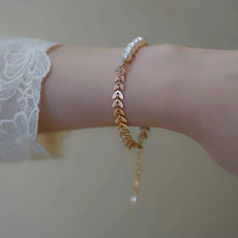 Real Pearl Bracelet Gold Wheat Ear | Freshwater Pearl Bracelet | Designed Pearl Bracelet for Women