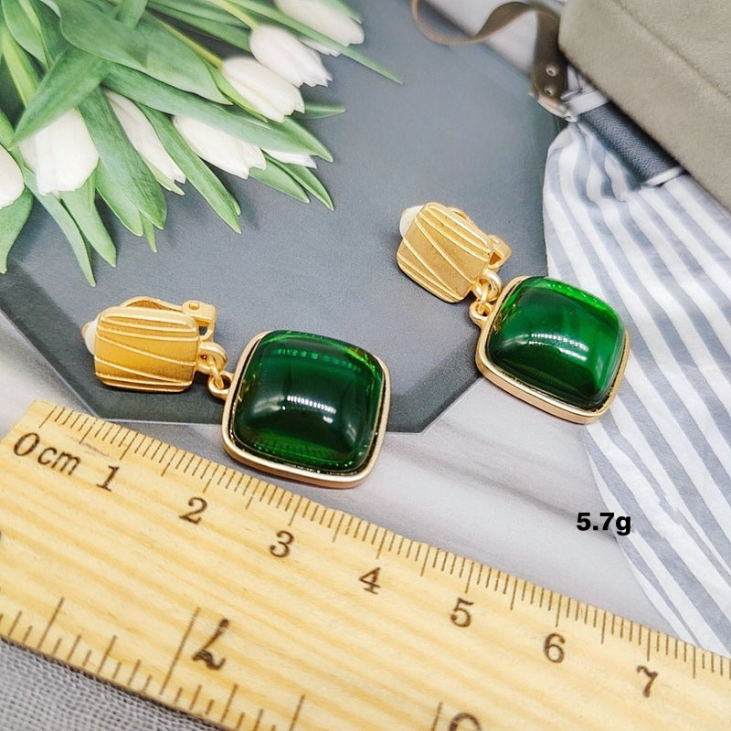 Moonstone Earrings with Silver Pin | Square Gold Gemstone Drop Earrings | 4 Color Available