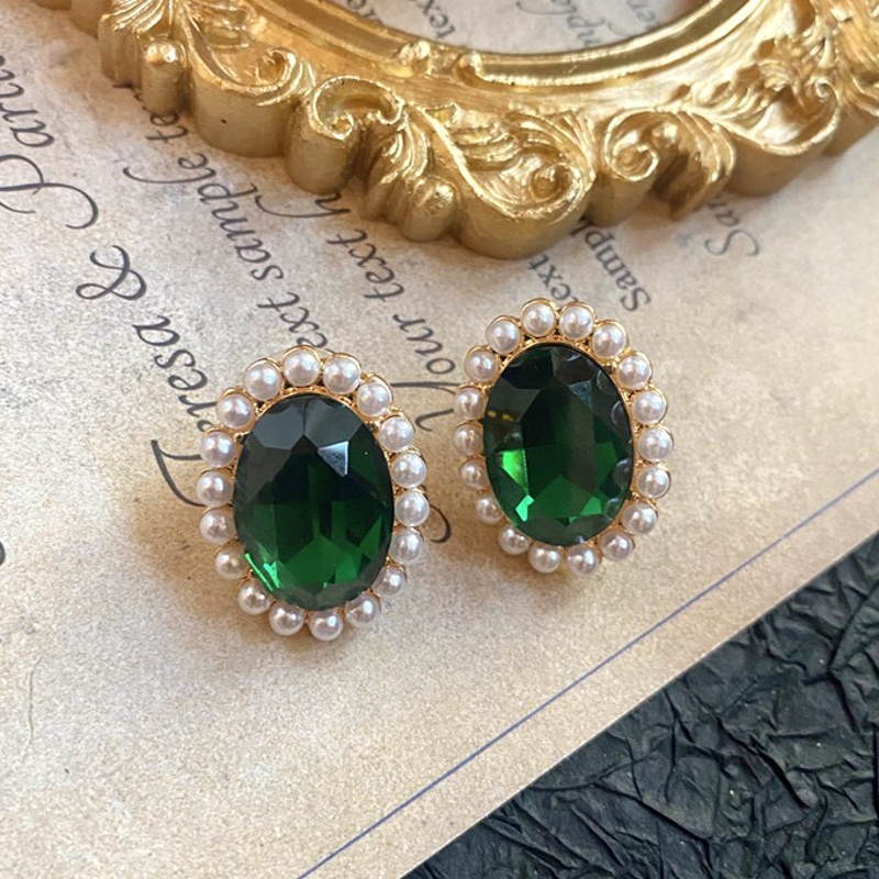 Pearl Necklace and Earring Set | Multi Strand Pearl Necklace Emerald Stud Earrings in a Jewelry Set