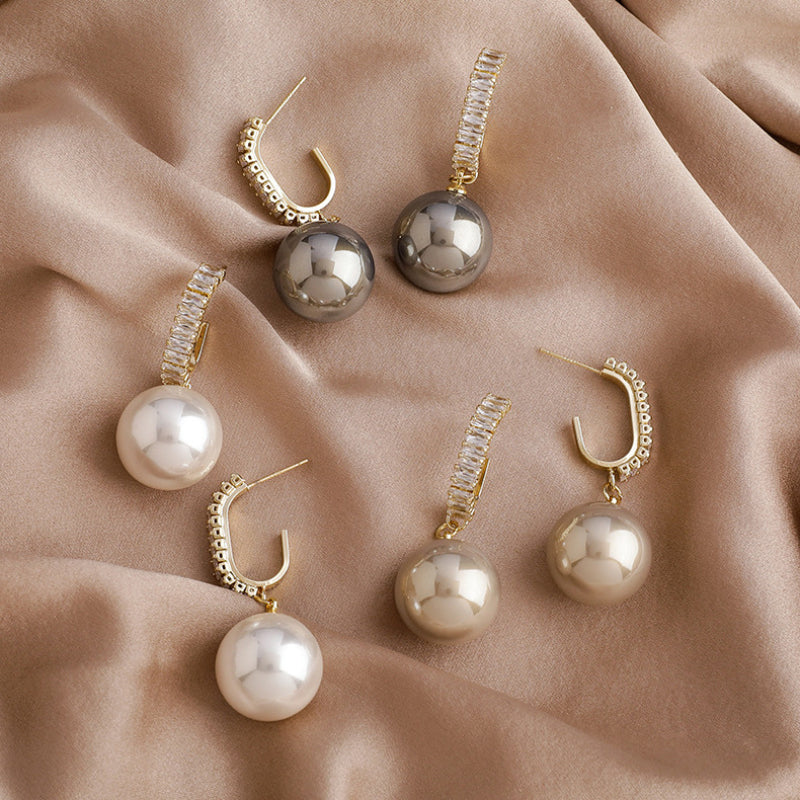 15mm Big Pearl Earrings Round Pearl and Diamond Drop Earrings in 14K Gold Over Sterling Silver