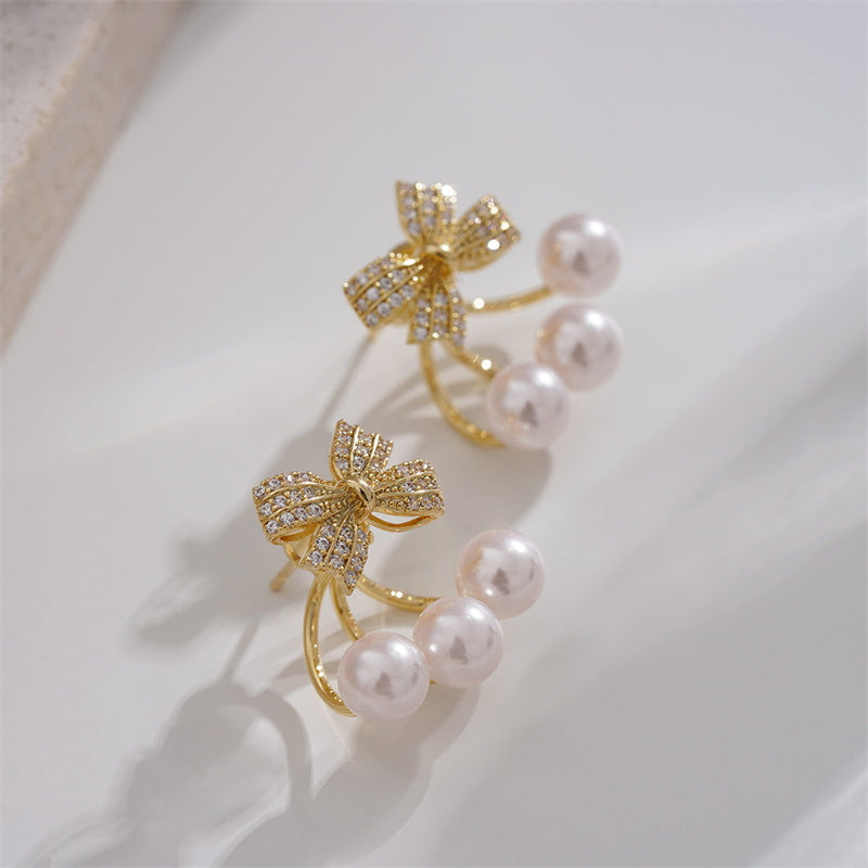 Cherry Pearl Earring Jackets | Pearl Drop Earrings | Bowknot Gold Stud Earrings with S925 pins