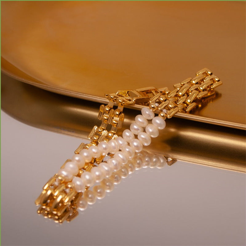 Watchband Freshwater Pearl Bracelet | Real Pearl 18K Gold Plated Bracelet for Women