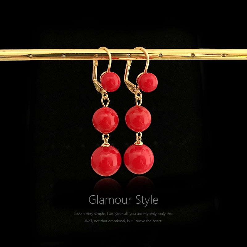 Red Round Pearl Dangle Earrings
