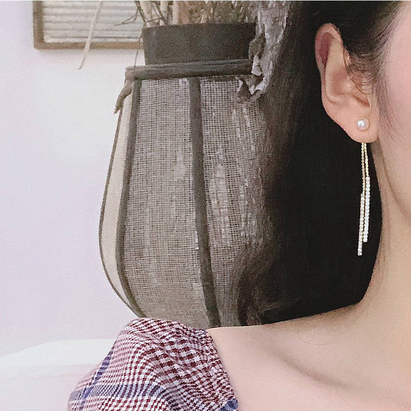 Pendientes colgantes dobles de perlas | Pendientes de diamantes de oro o plata | Pendientes colgantes para boda