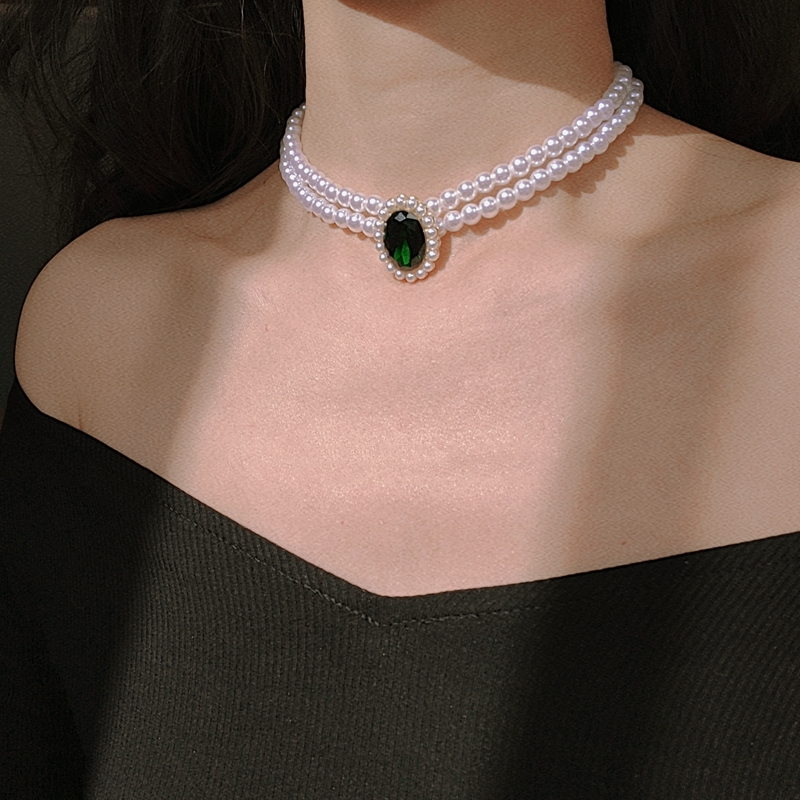 Pearl Necklace and Earring Set | Multi Strand Pearl Necklace Emerald Stud Earrings in a Jewelry Set