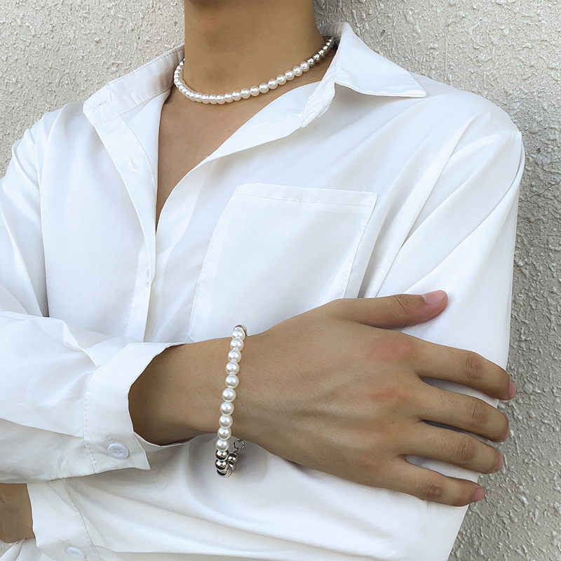 Mens Pearl Jewelry Set | Faux Mens Pearl Choker Necklace | Mens Pearl Bracelet