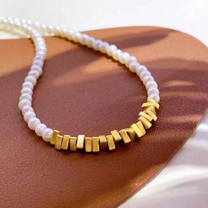 Collier de petites perles baroques | Collier de perles véritables | Collier en or et perles pour femme (4-5 mm)