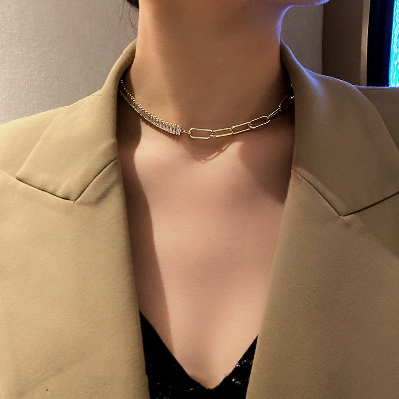 Half Crystal Half Chain Necklace | Gold Choker | Gold Chain for Women
