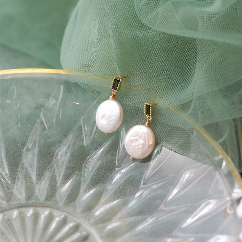 Flat Baroque Pearl Earrings | Real Baroque Pearl Drop Earrings with Sterling Silver Pins (10-11 mm)
