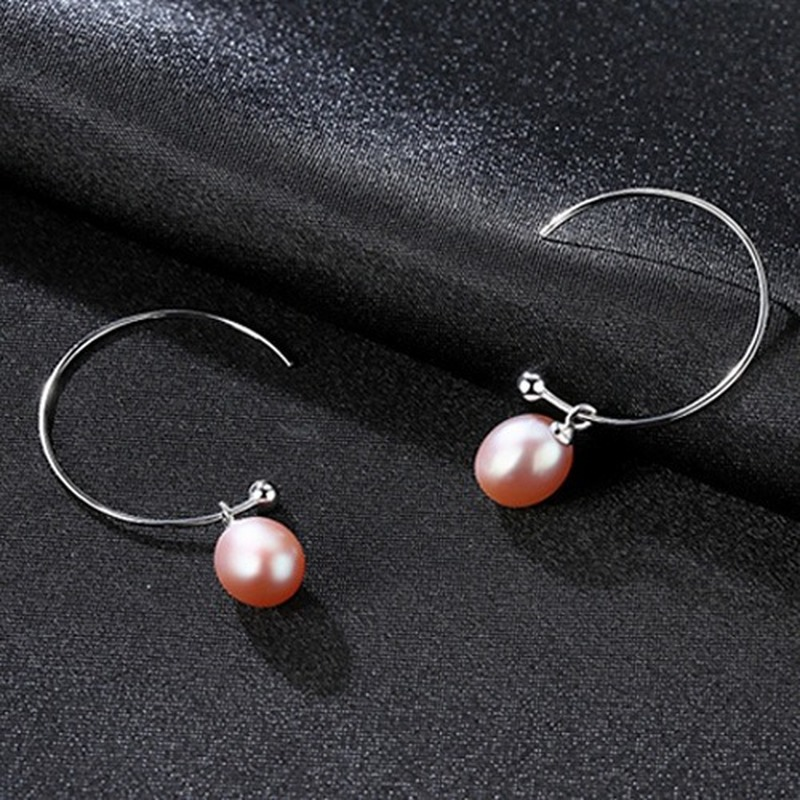 Big Silver Hoop with Pearl Drop Earrings AAA Freshwater Cultured Pearl Hoop Earrings in Sterling Silver(8mm)