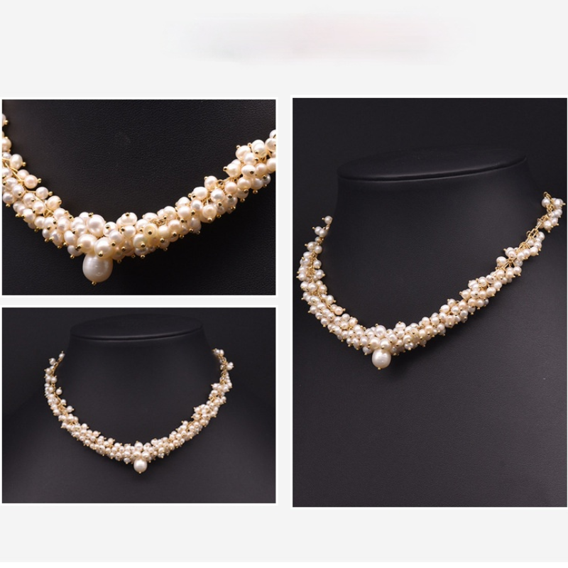 Luxury Handmade Real Pearl Necklace AAA Cultured Freshwater Pearl Multi Strand Necklace in 18k Gold Over Sterling Silver
