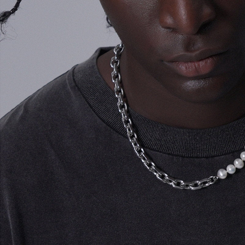 Mens Freshwater Pearl Necklace Chain | Splicing Pearl Necklace Men | Half Pearl Half Chain Necklace for Men