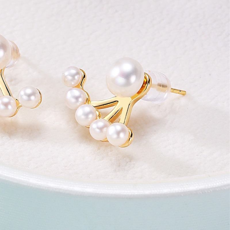 White Freshwater Pearl Earring Jacket Pearl Studs in 14K Gold Plated Silver Pin