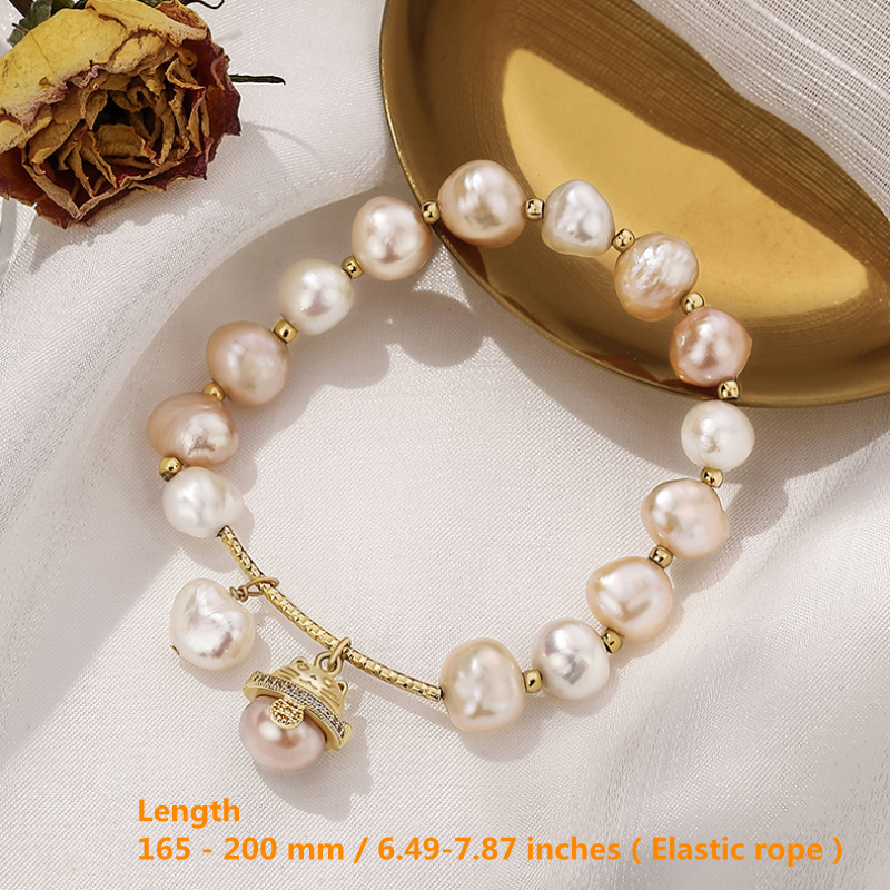 Fortune Cat Theme Freshwater Cultured Pearl Bracelet in 14K Gold Clasp Lucky Cat Elastic Bracelet