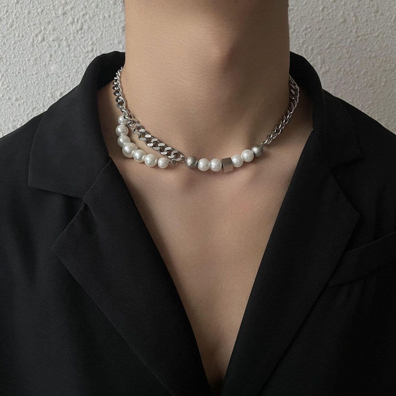 Mens Pearl Necklace and Bracelet | Mens Cuban Link Chain | Mens Pearl Bracelet | Mens Pearl Jewelry Set