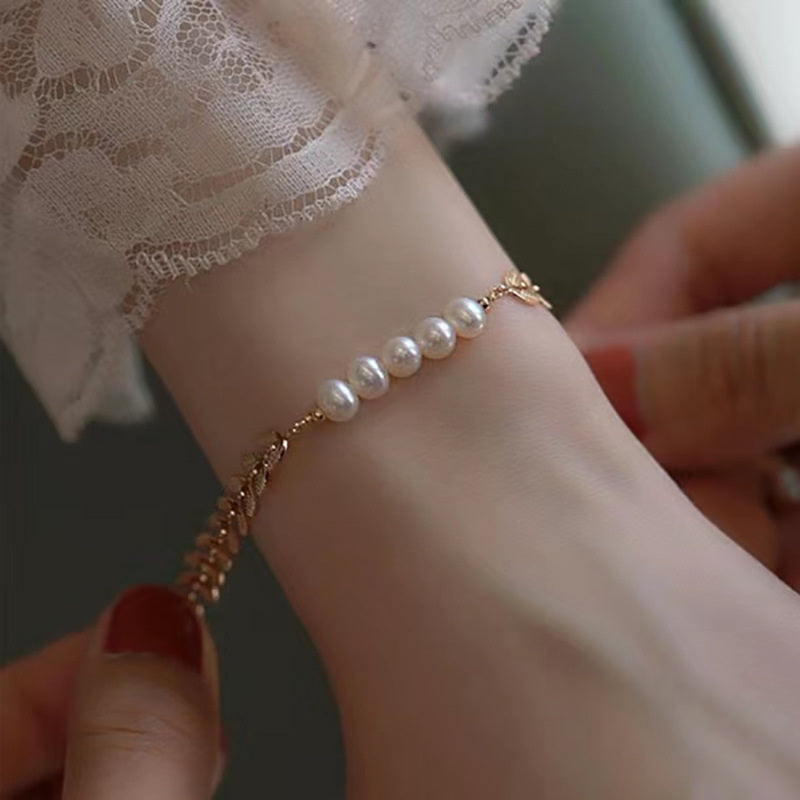 Real Pearl Bracelet Gold Wheat Ear | Freshwater Pearl Bracelet | Designed Pearl Bracelet for Women