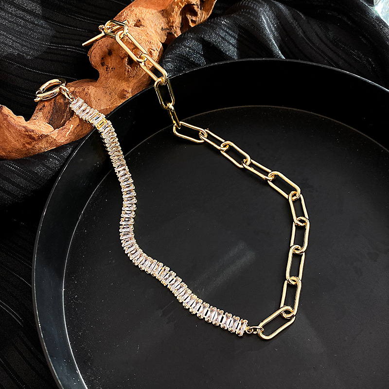 Half Crystal Half Chain Necklace | Gold Choker | Gold Chain for Women