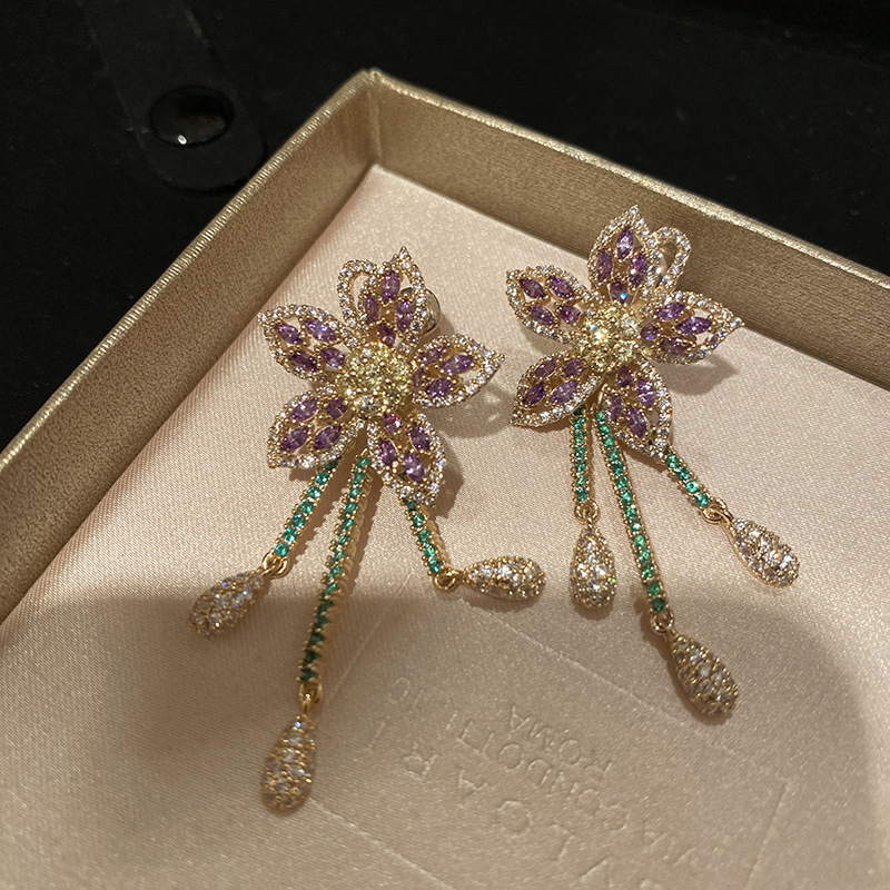 Violet Crystal Flower Earrings |  Rhinestone Earrings | Wedding Diamond Earrings with Sterling Silver Pins