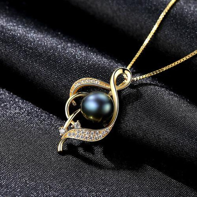 Cultured Freshwater Black Pearl Pendant Necklace Pearl and Diamond Pendant 14K Gold Over Sterling Silver