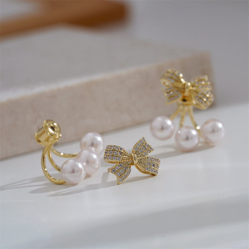 Cherry Pearl Earring Jackets | Pearl Drop Earrings | Bowknot Gold Stud Earrings with S925 pins