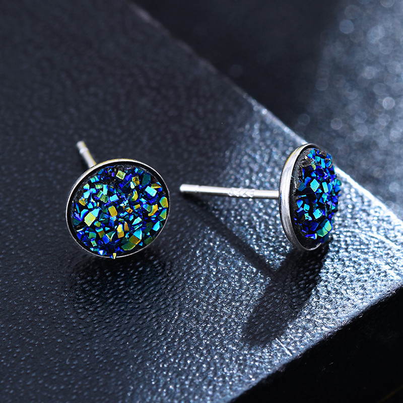 10mm Glitter Crystal Stud Earrings | Drusy Stud Earrings | Sterling Silver Stud Earrings for Men and Women (8mm)