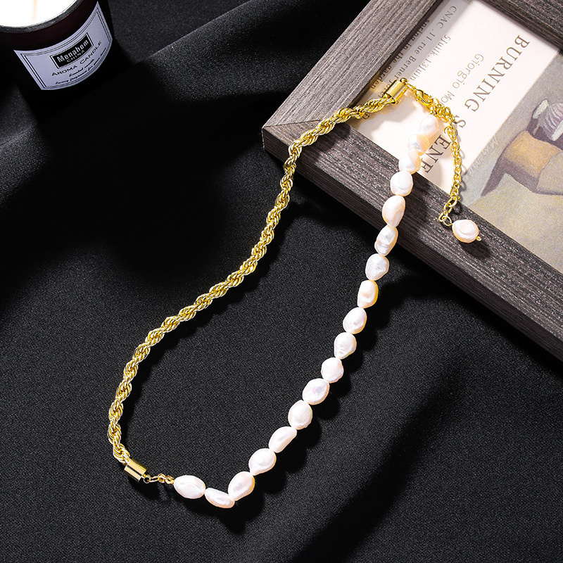 Halskette mit halb echten Perlen und halb Gold | Halskette mit gedrehter Barockperlenkette, 18 Karat vergoldet