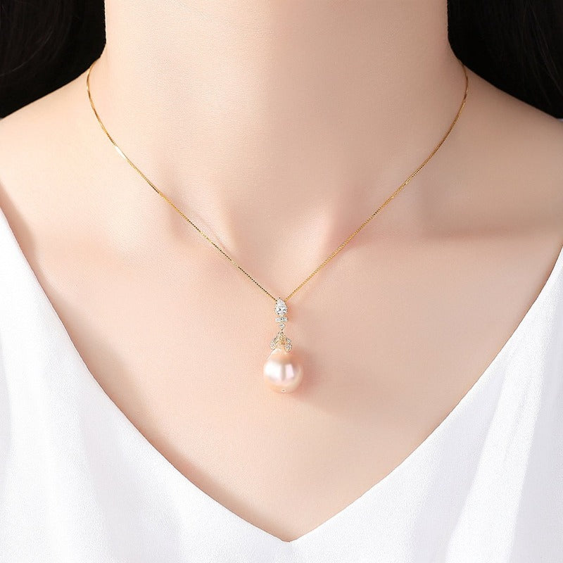 Vintage Style Pink Freshwater Pearl and Diamond Pendant Necklace in 14K Gold Over Sterling Silver(11-12mm)