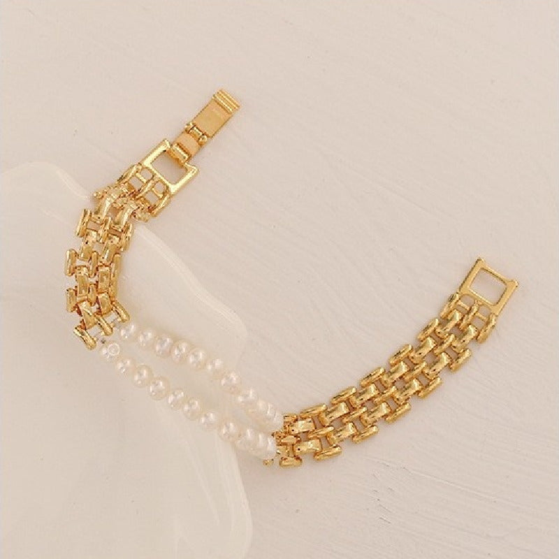 Watchband Freshwater Pearl Bracelet | Real Pearl 18K Gold Plated Bracelet for Women