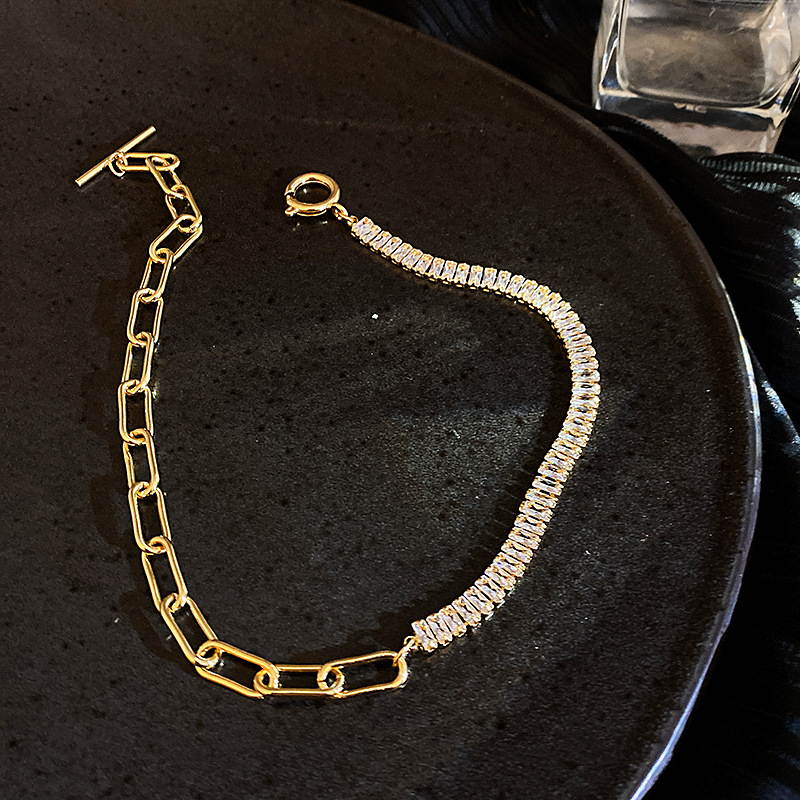 Half Crystal Half Chain Necklace | Gold Choker | Gold Chain for Women