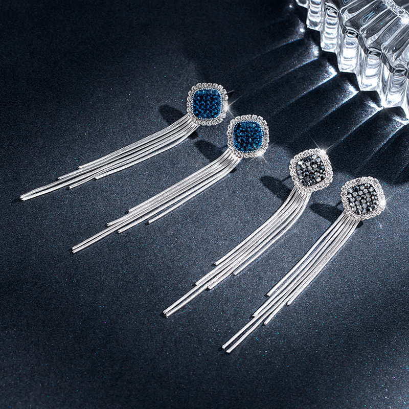 Pendientes colgantes de plata | Pendientes de clip para mujer | Pendientes de Circonitas con Borla de Metal