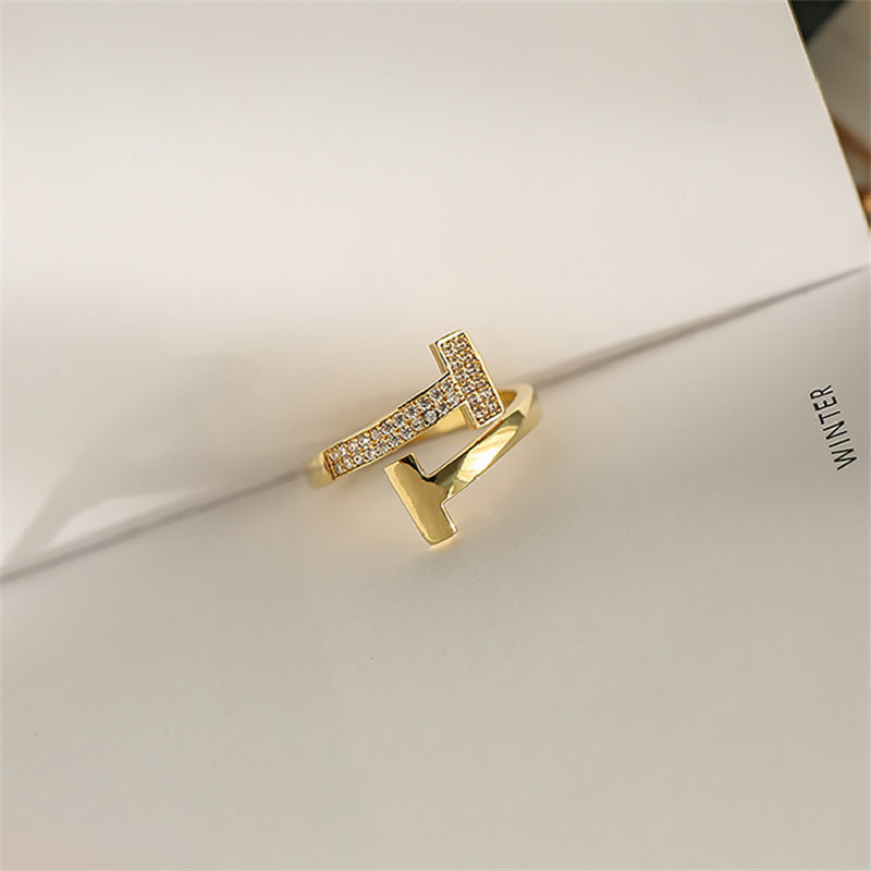 T Shape Adjustable Rings | Open Diamond Ring | Gold Diamond Ring in 14K Gold Plated