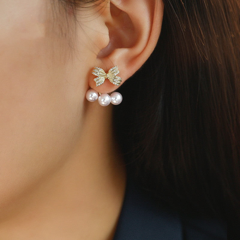 Cherry Pearl Earring Jackets | Pearl Drop Earrings | Bowknot Gold Stud Earrings with S925 pins