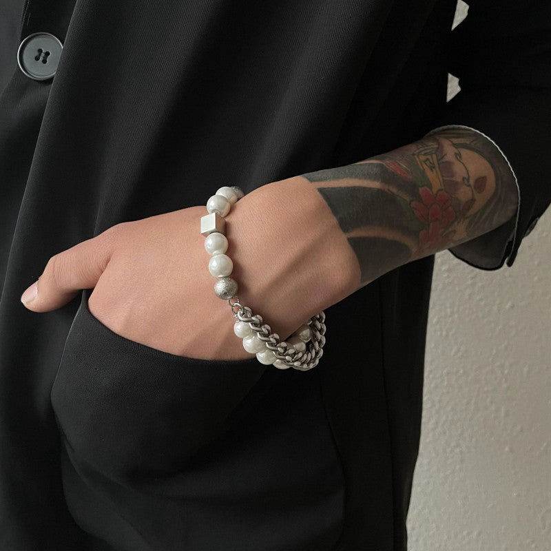 Mens Pearl Necklace and Bracelet | Mens Cuban Link Chain | Mens Pearl Bracelet | Mens Pearl Jewelry Set